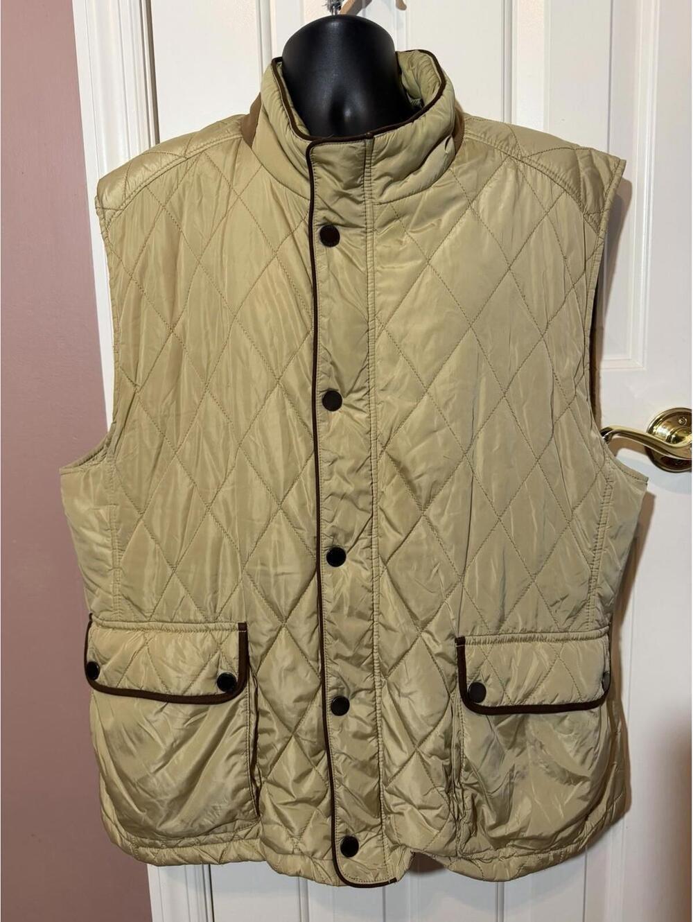 Tommy Bahama Quilted Vest Mens XXL Tan Full Zip Nylon Pockets Snap 90s Y2K